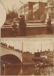 874182 Collage van 2 foto's betreffende het publiek dat de meeuwen voert vanaf de Tolsteegbrug te Utrecht.